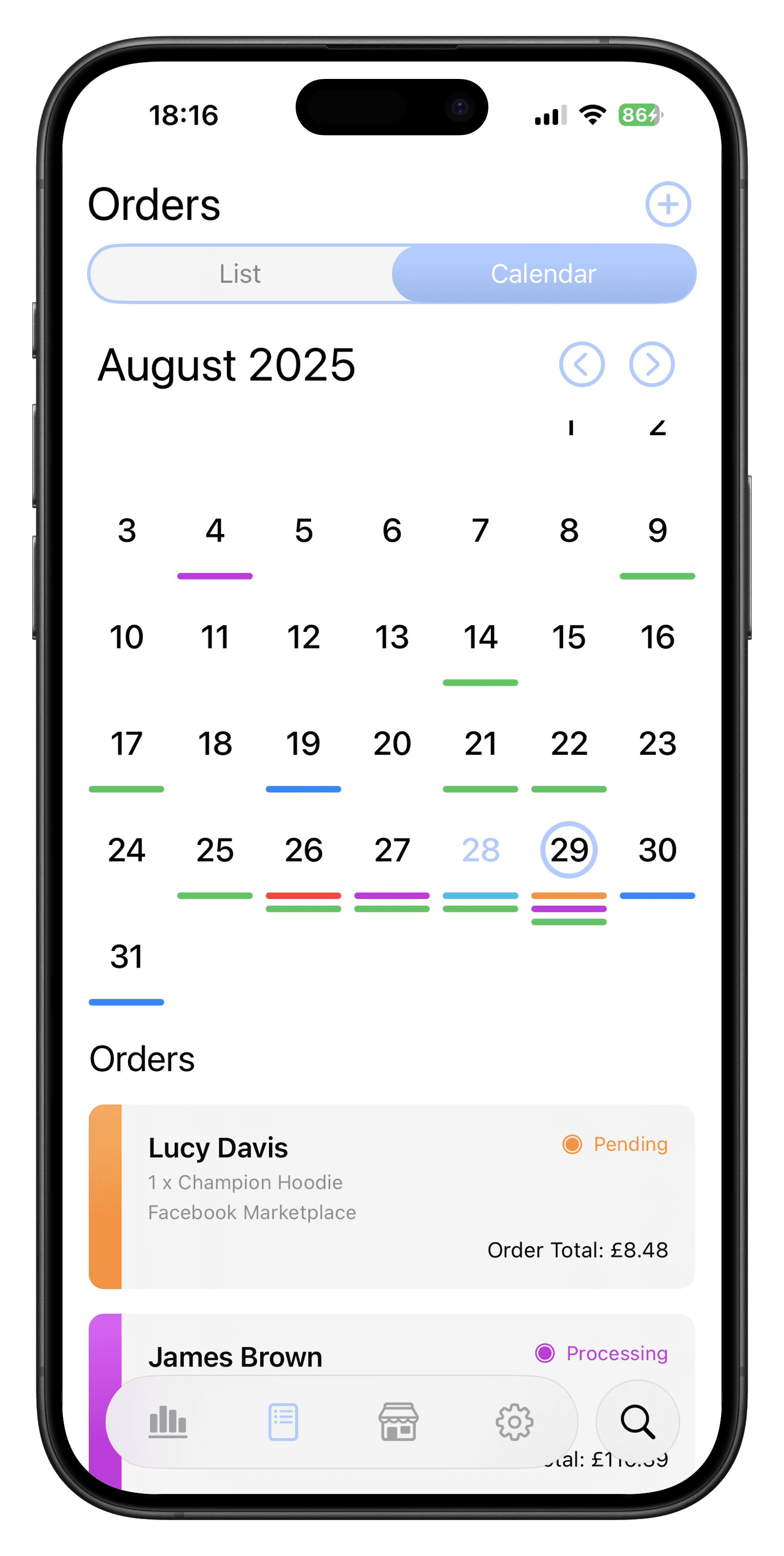 Ordernise mobile calendar showing order activity